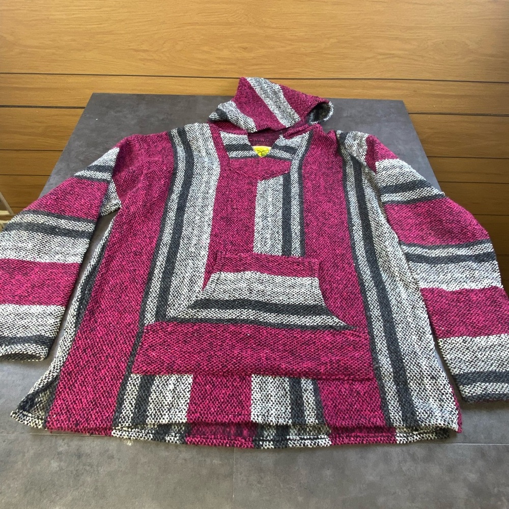Iguana jack Unisex Mexican Style Hippie Cranberry and Gray Striped Hoodie XLarge